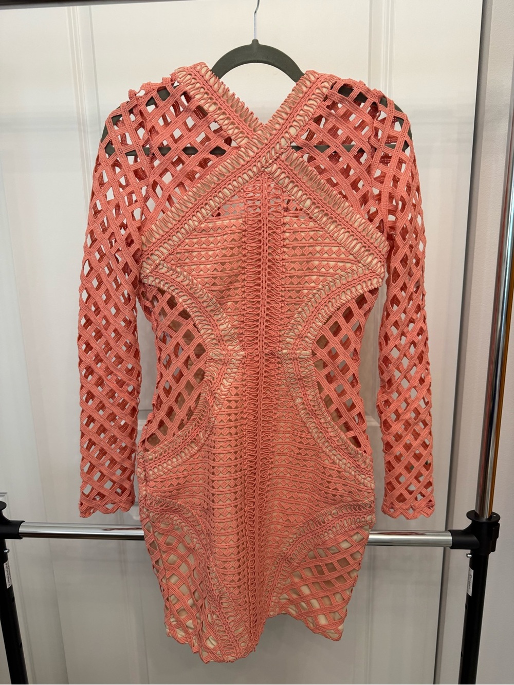 Missguided Coral Crochet Long Sleeve Swim Cover-Up Dress